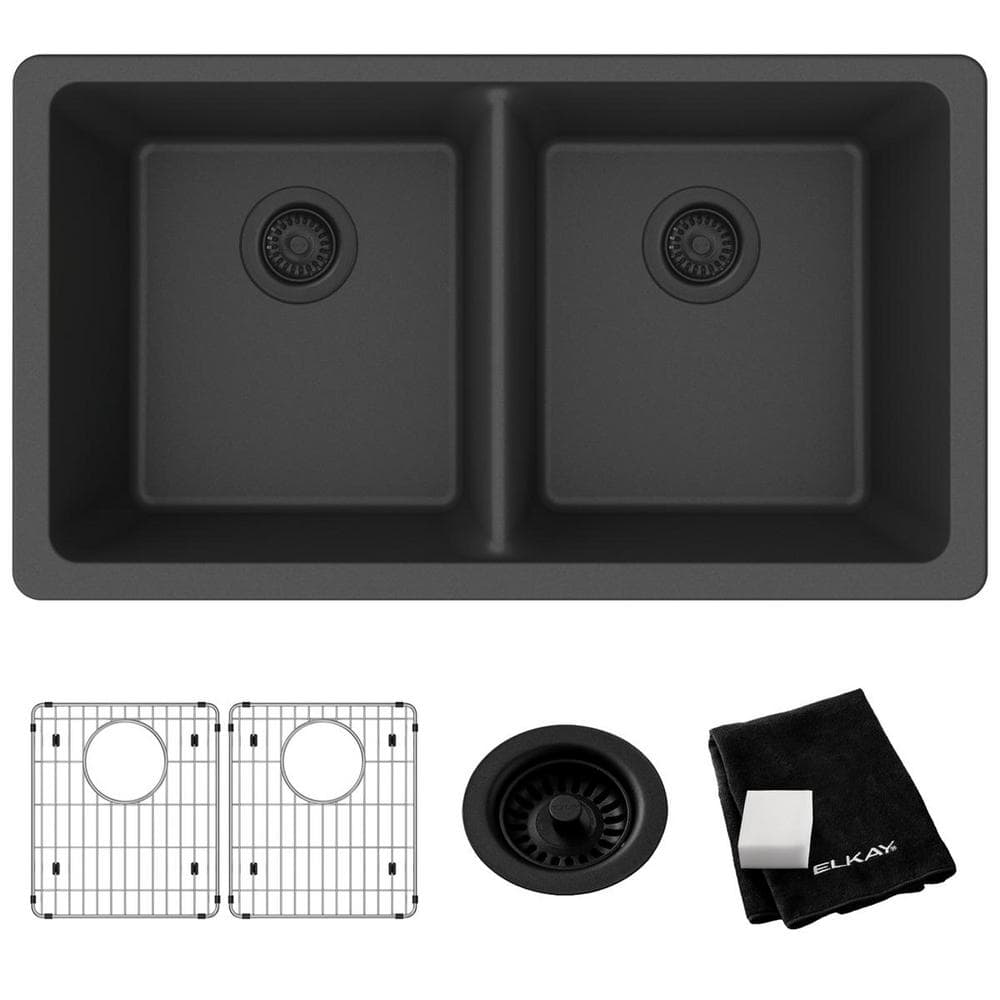 Elkay Quartz Classic 33" x 18-1/2" x 9-1/2", Equal Double Bowl Undermount Sink Kit, Matte Black