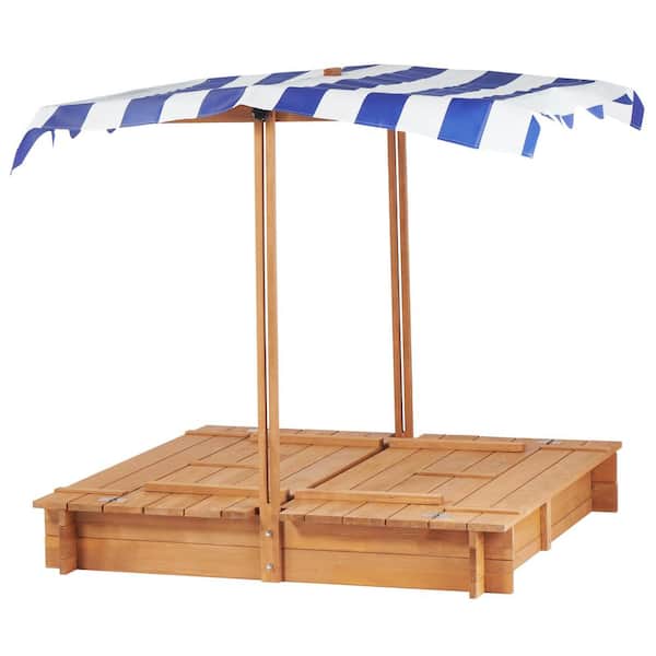 Unbranded 2.7 ft. W x 2.7 ft. L Outdoor Kids Sandbox with Adjustable Cover, 46 in. Wooden Sand Box with 2 Foldable Bench Seats