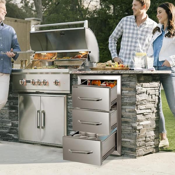 16 in. W x 28.5 in. H x 20.5 in. D Outdoor Kitchen Drawers Stainless Steel Flush Mount Triple BBQ Access Drawers