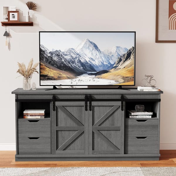 LACOO 58 in. Gray TV Stand with Sliding Barn Doors and 4 Storage 