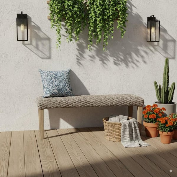 MADE 4 HOME Naples Light Grey Acacia Wood Armless Water Resistant Wicker Outdoor Bench