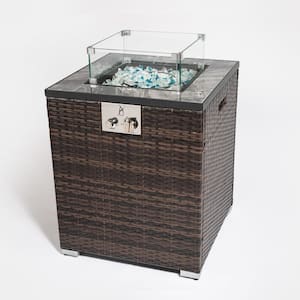 Brown Square Wicker Outdoor Fire Pit Table with Glass Rocks, 40000 BTU