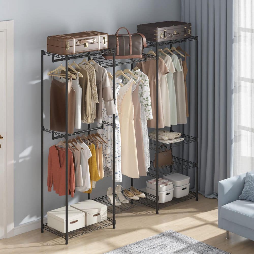 SKYSHALO Heavy Duty Clothes Rack, Rolling Clothing Garment Rack with 4 ...