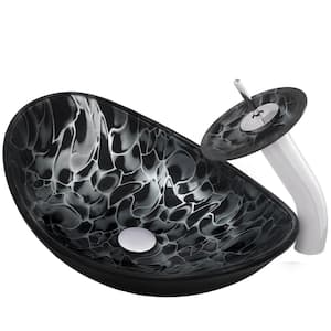 Tartaruga Black Patterned Glass Oval Vessel Sink with Faucet and Drain in Chrome
