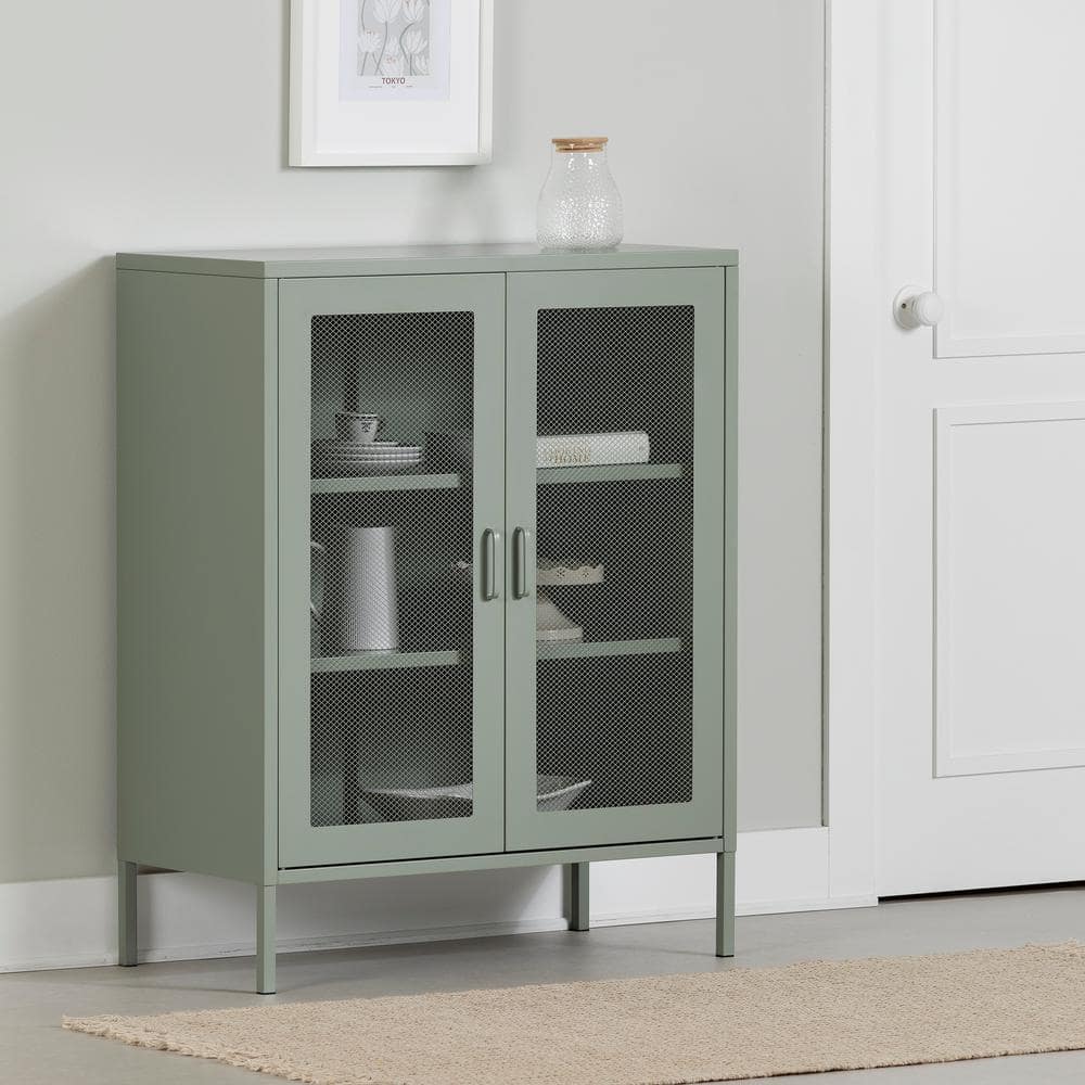Sage Green Metal Mesh 2-Door Storage Cabinet with Adjustable Shelves