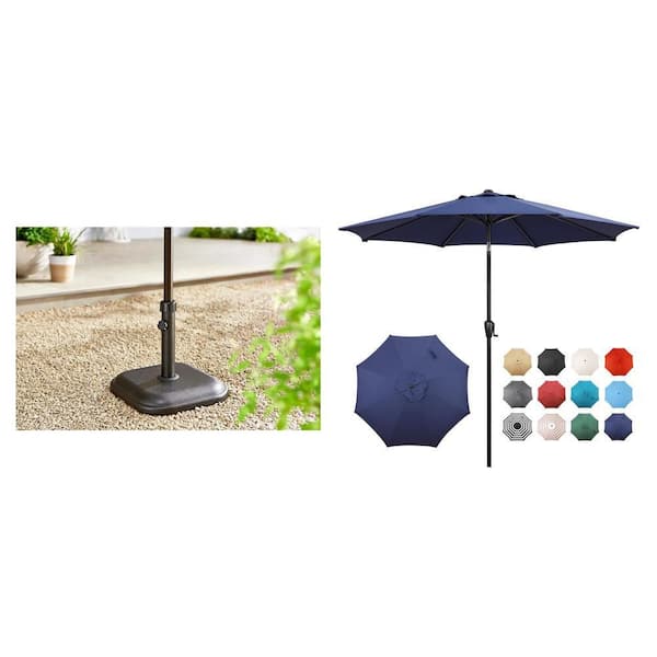 9 ft. Round Navy Market Umbrella and 26 lbs. Black Patio Umbrella Base Combo