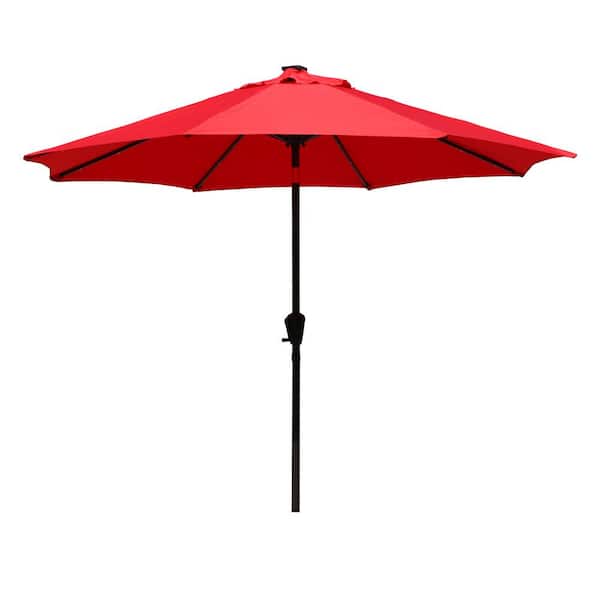 CASAINC 9 ft. Cast Aluminum Patio Market Umbrella with 32 LED Solar Lights in Red