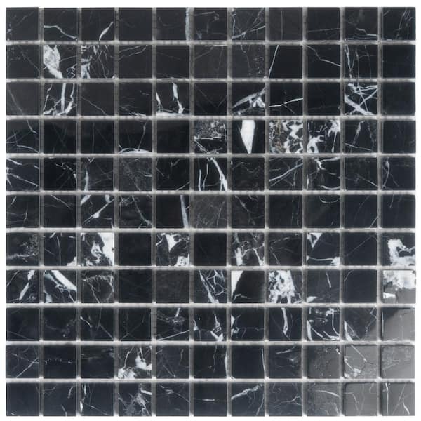 Vigoro 12 in. x 12 in. Polished Black Nero Marquina Marble Mosaic Wall and Floor Tile (5 sq. ft./case) - 5 pack