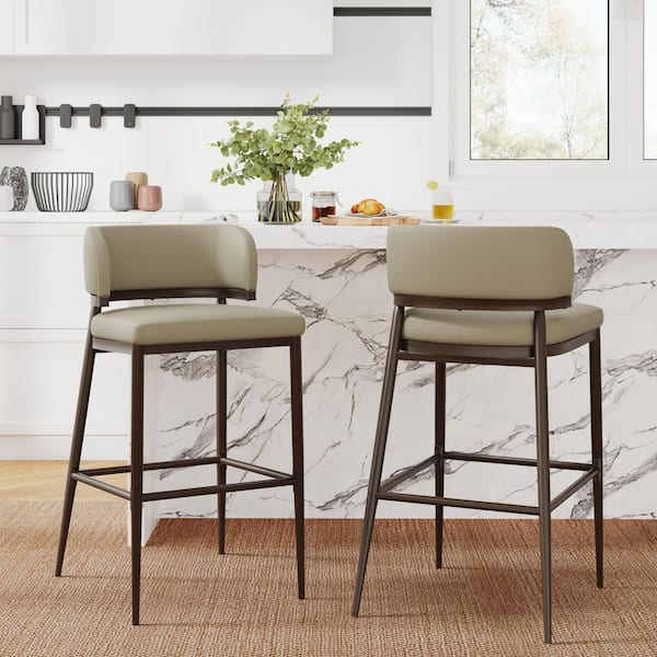Redford Modern 30 in. Khaki Low Back Metal Frame and Leathaire Fabric Upholstered Barstool (Set of 2)
