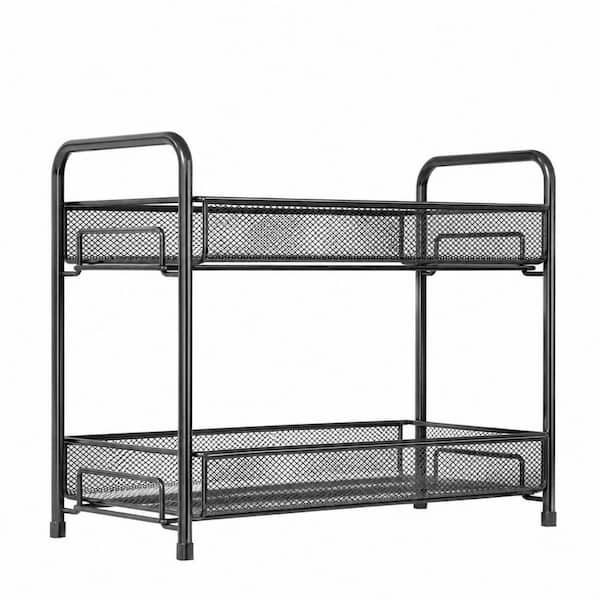 2-Tier Foldable Metal Spice Rack Organizer with Guardrail and Mesh Design for Countertop and Cabinet, Black