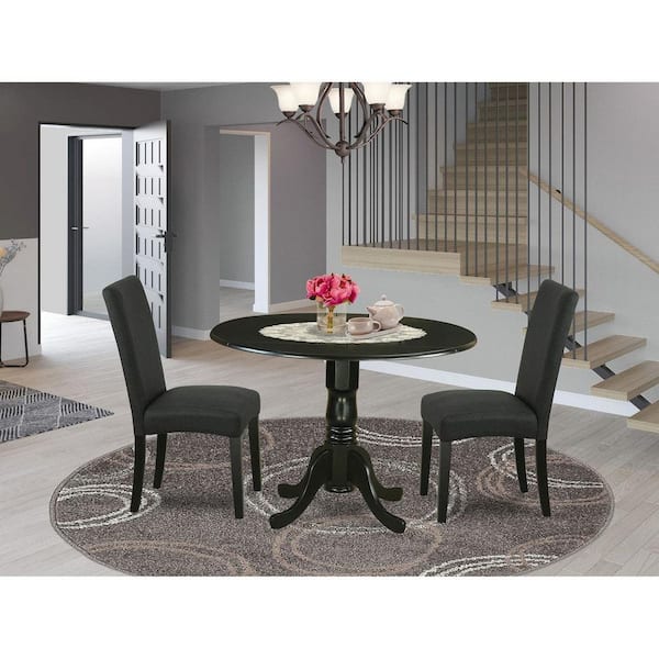 3-Piece Round Black Finish Solid Wood Top Dining Table with 2 Parson Chairs with Drop Leaf Lattice Back