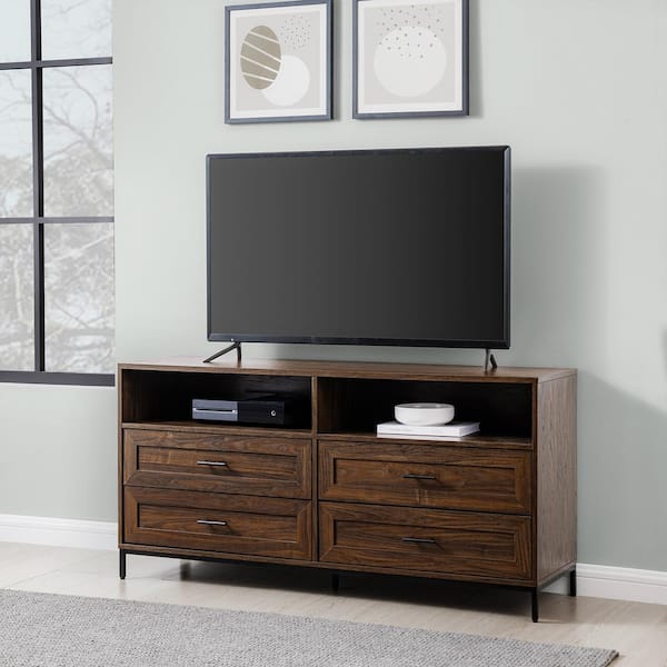 Walker Edison Furniture Company 56 in. Dark Walnut Wood Modern TV Stand with 4 Drawers with Cable Management (Max tv size 60 in.)