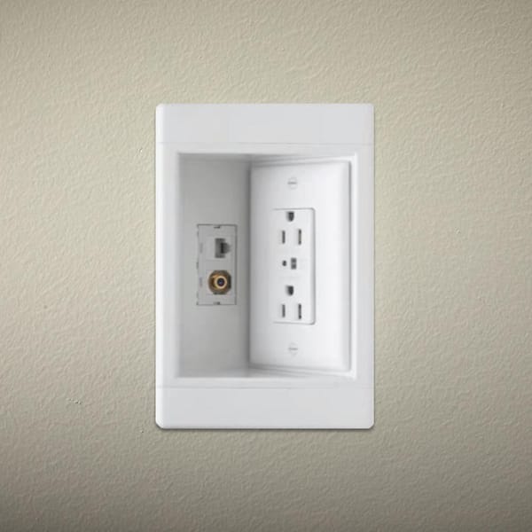Pass & Seymour 1 Gang Recessed TV Media Box Kit with Surge Suppressing Outlet and Low Voltage Inserts, White