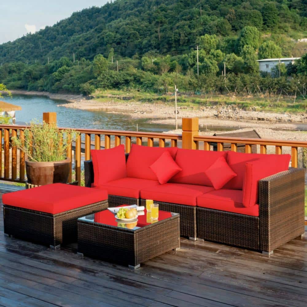 5-Piece Red Cushioned Rattan Patio Furniture Set with Ottoman