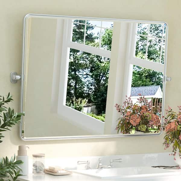 40 in. W x 30 in. H Rectangular Framed Bathroom Vanity Mirror, Tilt, Satin Nickel, Pivot Aluminum Wall Mount