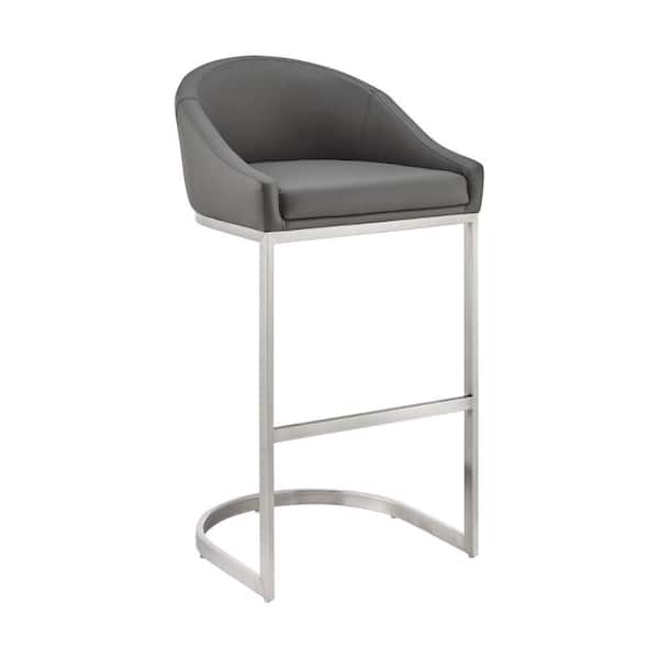 Benjara 24 in. Gray and Chrome Low Back Metal Frame Counter stool Chair with Faux Leather Seat