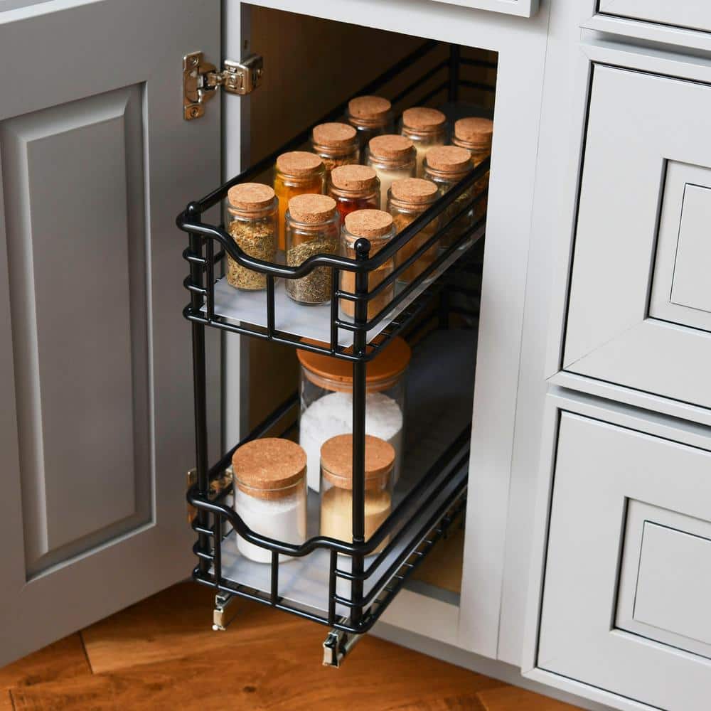 Black Steel 2-Tier Pull-Out Storage Organizer with Plastic Liners