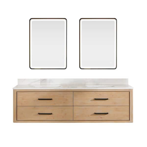 ROSWELL Cristo 72 in. W x 22 in. D x 20.6 in. H Double Sink Bath Vanity in Fir Wood Brown with White Quartz Stone Top and Mirror