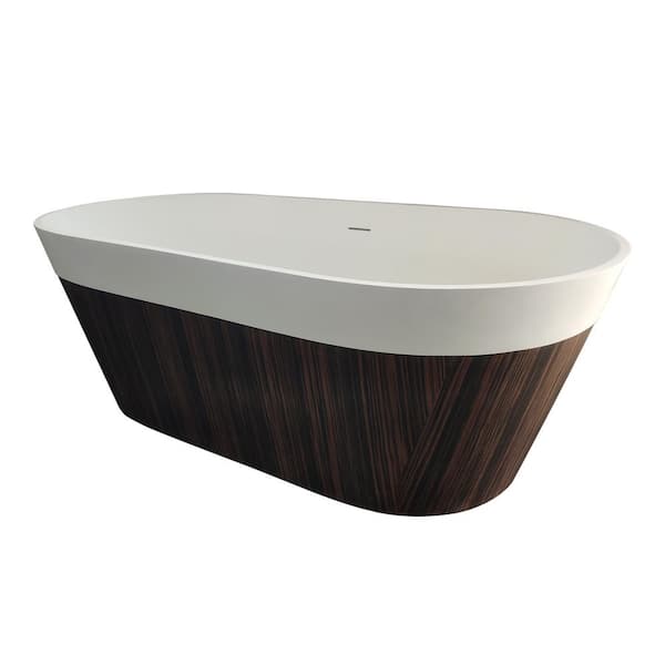 63.00 in. x 29.50 in. Soaking Bathtub with Center Drain in Wood Grain Finish Freestanding Solid Surface Bathtub