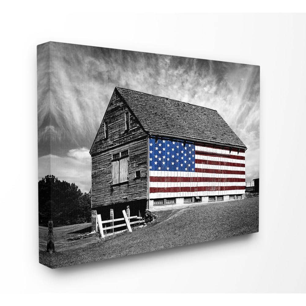 Black and White Farmhouse Barn American Flag Canvas Wall Art