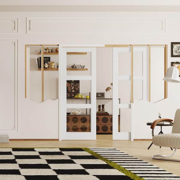 64 in. x 80 in. 3 Lite, Clear Glass, Composite, White Primed, MDF Sliding Pocket Door with Frame and Hardware Included