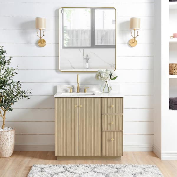 ROSWELL Oza 36 in.W x 22 in.D x 33.9 in.H Single Sink Bath Vanity in Natural Oak with White Qt. Stone Top
