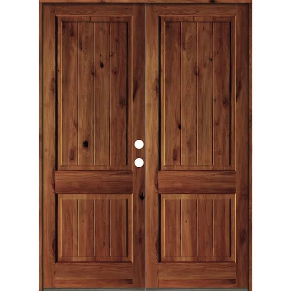 Krosswood Doors 72 in. x 96 in. Rustic Knotty Alder Square Top Red Chestnut Stain/V-Groove Left-Hand Wood Double Prehung Front Door