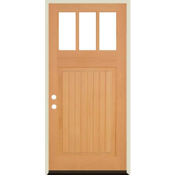 Krosswood Doors 36 in. x 80 in. Craftsman 3 Lite V Groove Natural Stain Right-Hand/Inswing Hemlock Prehung Front Door