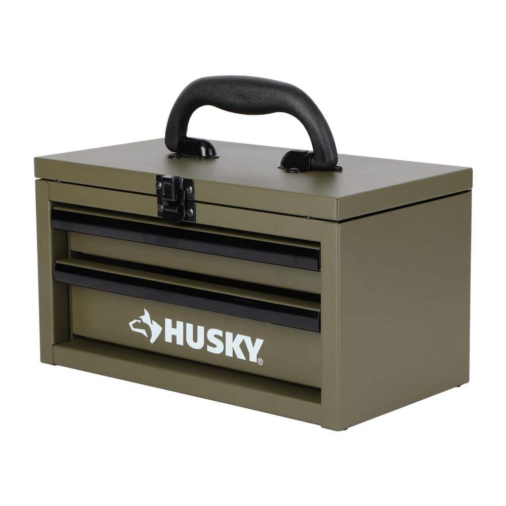 Husky 10 in. Army Green Metal Mini Portable Tool Box with 2