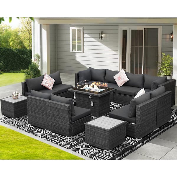 Luxury 13-Piece Dark Gray Wicker Metal Patio Fire Pit Sectional Seating Set with Grey Cushions and 43 in. Firepit Table