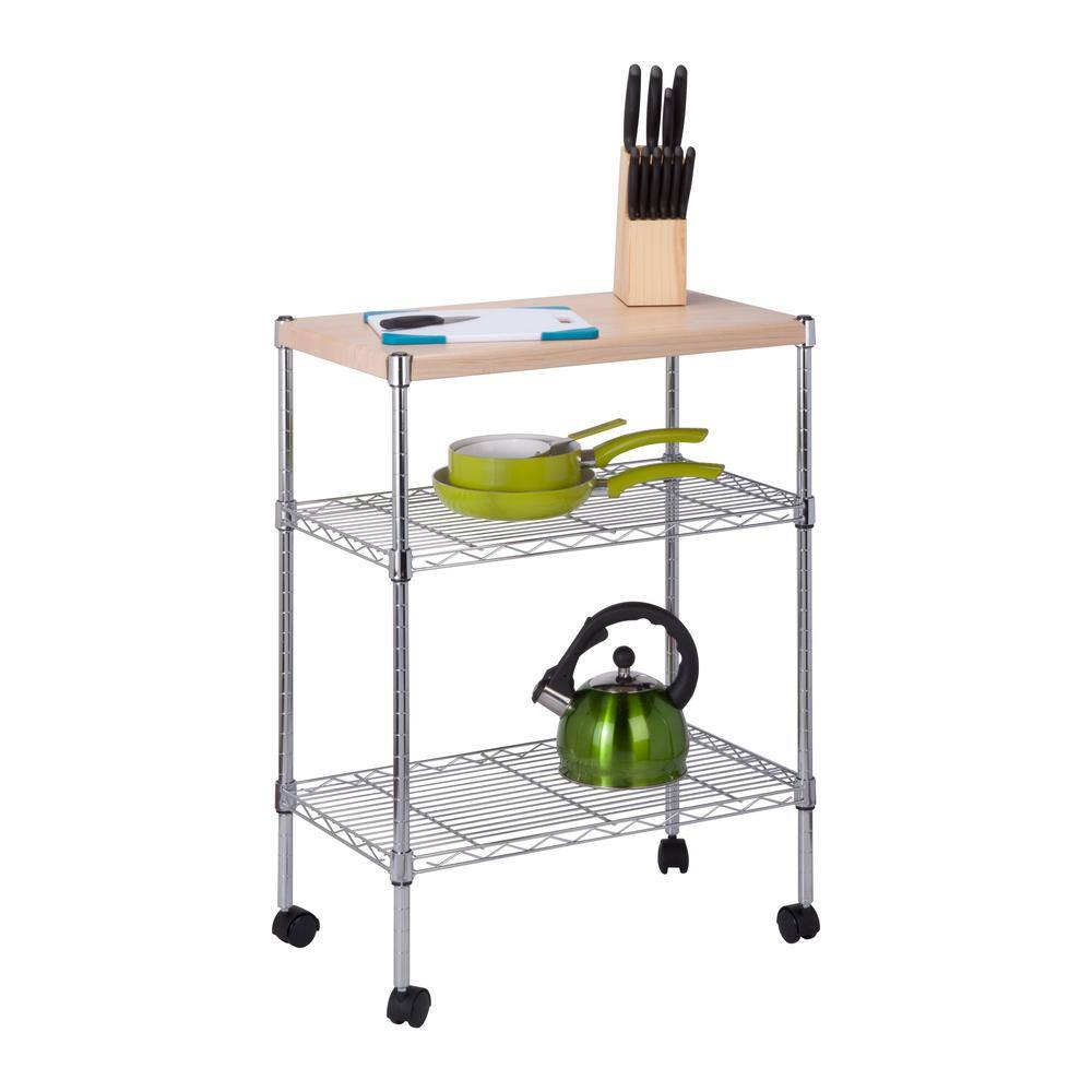 Chrome and Wood 3-Tier Kitchen Cart with Lockable Wheels