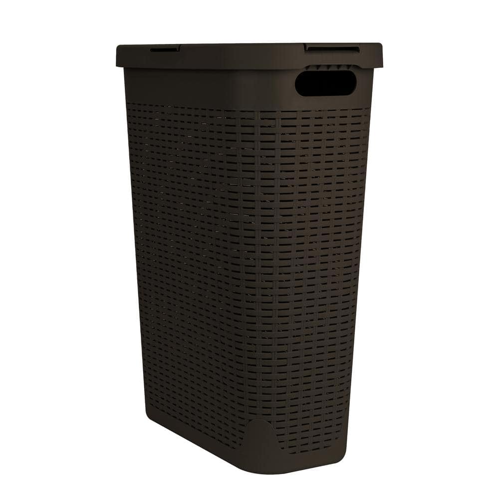 Brown Plastic Wicker Design Collapsible Laundry Basket with Lid