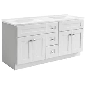 Brookings 61 in. W. x 22 in. D Bath Vanity White Cultured Marble Vanity Top, 2-Sinks, Sq. Bowl, Center Assembled, White