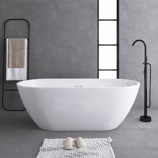 67 in. Acrylic Freestanding Flatbottom Soaking Bathtub in Glossy White with Drain