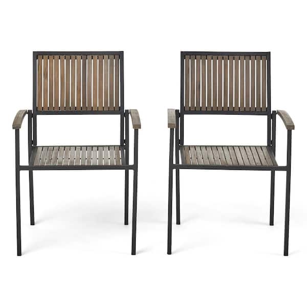 Outdoor Dining Chair with Vertical Slat and Wooden Arm, Grey
