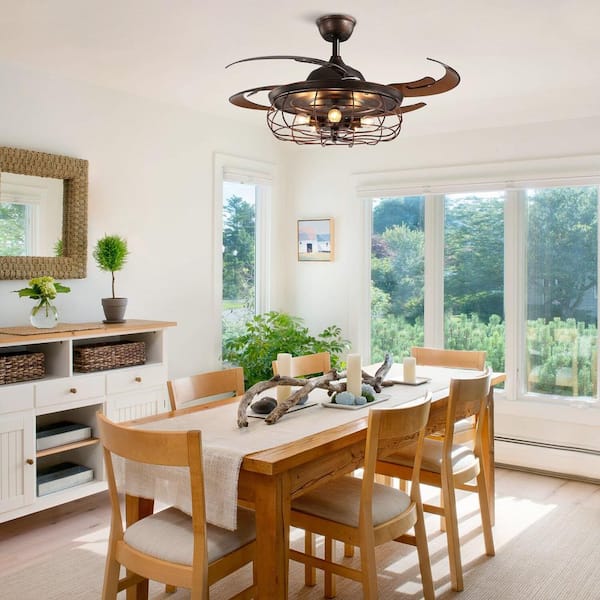 48 in. Indoor Retractable Caged Rust Ceiling Fan with Lights for Dining Room Living Room Kitchen