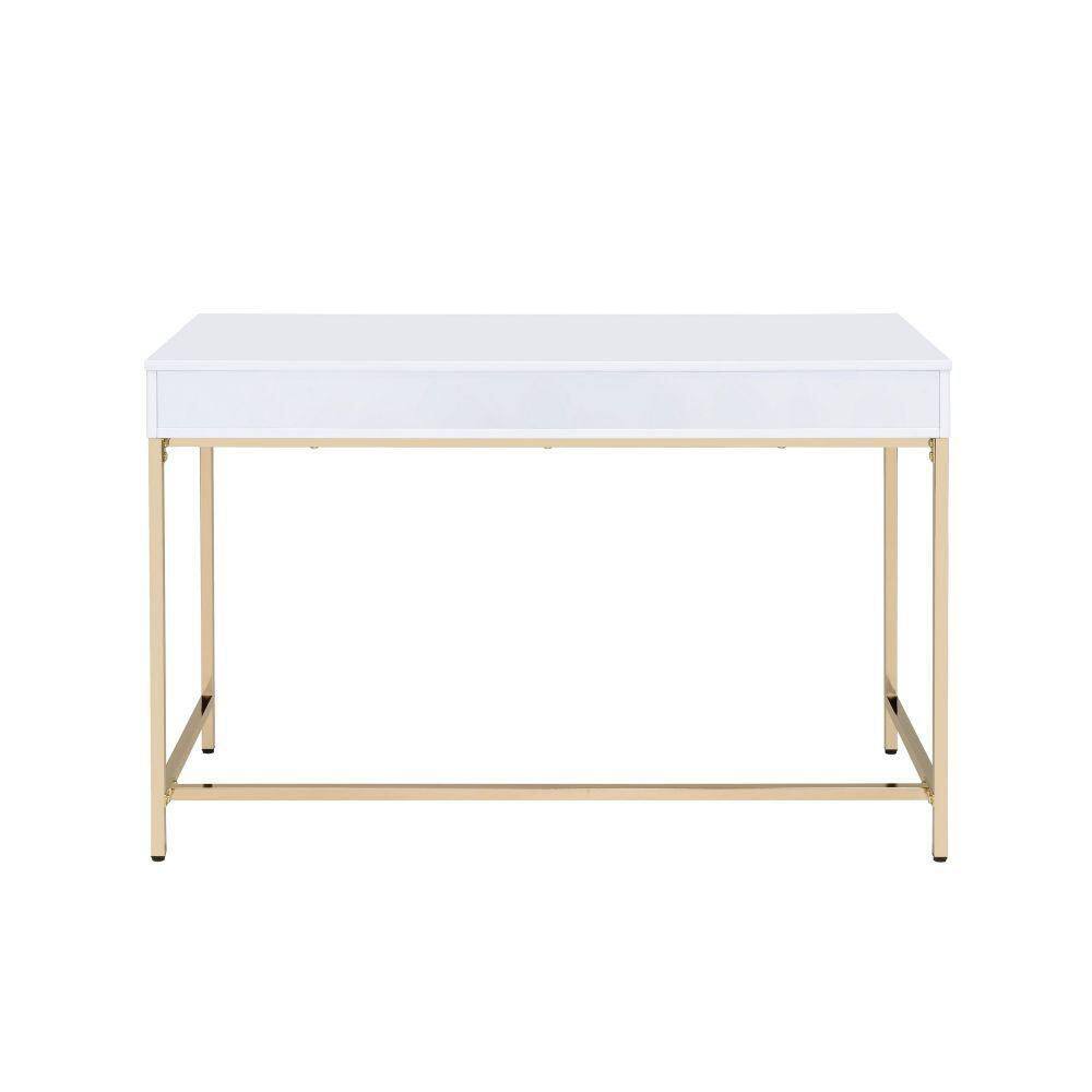 White High Gloss Rectangular Writing Desk with Gold Metal Base and 2 Drawers