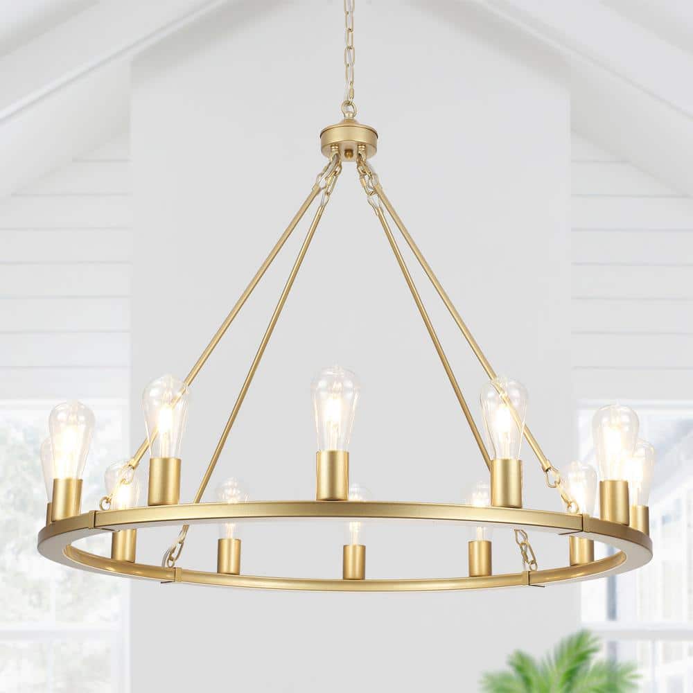 Spray Gold 12-Light Candle Style Wagon Wheel Chandelier