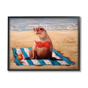 Polka Dot Bikini Sea Lion Tropical Beach Scene By Lucia Heffernan Framed Print Animal Texturized Art 11 in. x 14 in.