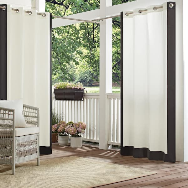 Waverly Hampton Charcoal Border Pattern Polyester 52 in. W x 108 in. L Light Filtering Single Outdoor Grommet Panel