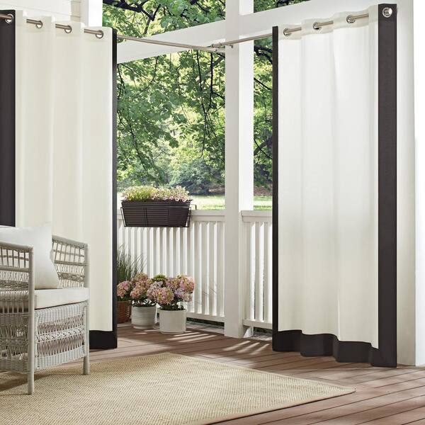 Waverly Hampton Charcoal Border Pattern Polyester 52 in. W x 108 in. L Light Filtering Single Outdoor Grommet Panel