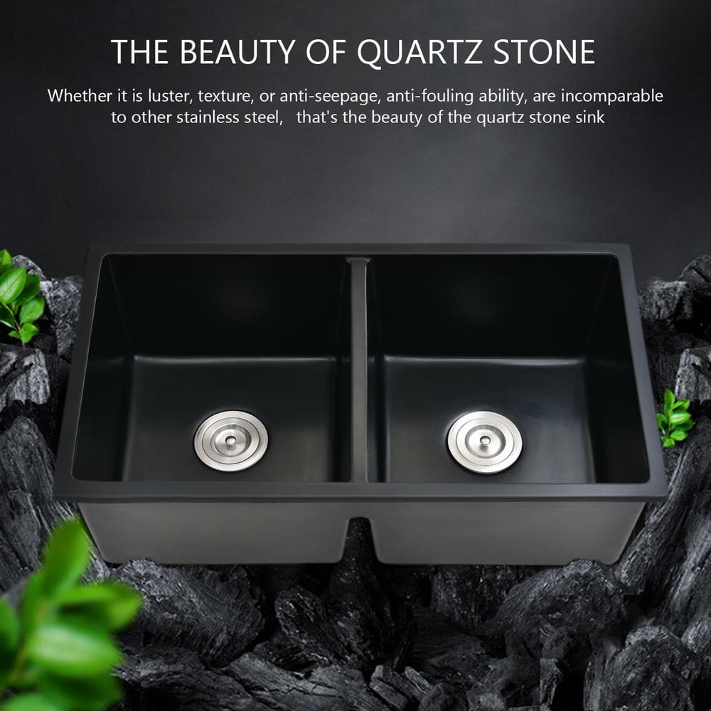 Matte Black Quartz Double Bowl Undermount Kitchen Sink with Basket Strainer