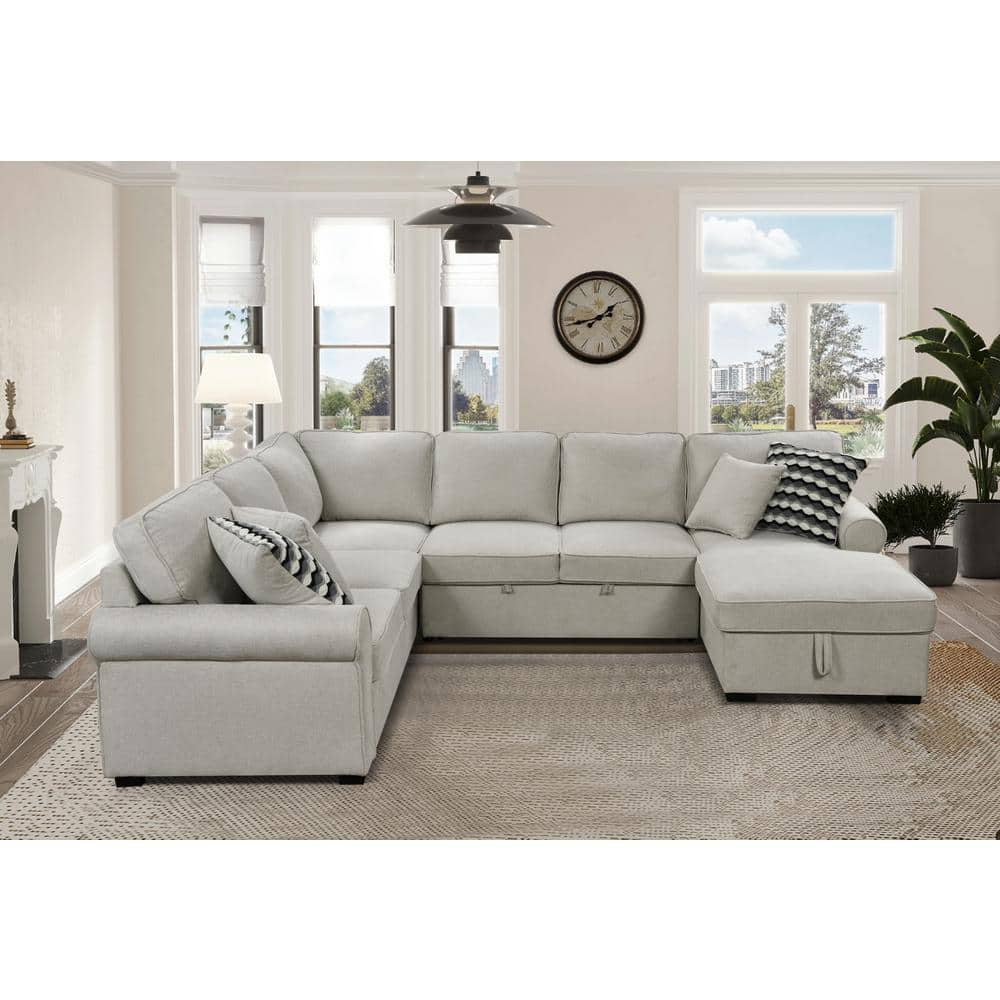 117 in. Rolled Arms Polyester Sectional Sofa in. Beige with Storage Chaise, Pull-out Bed, 4 Throw Pillows -  sumyeg, SY-HH-4S044