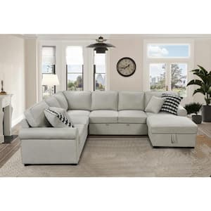 117 in. Rolled Arms Polyester Sectional Sofa in. Beige with Storage Chaise, Pull-out Bed, 4 Throw Pillows
