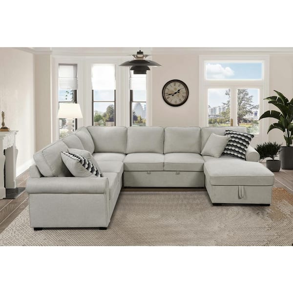 sumyeg 117 in. Rolled Arms Polyester Sectional Sofa in Beige with Storage Chaise, Pull-out Bed, 4 Throw Pillows
