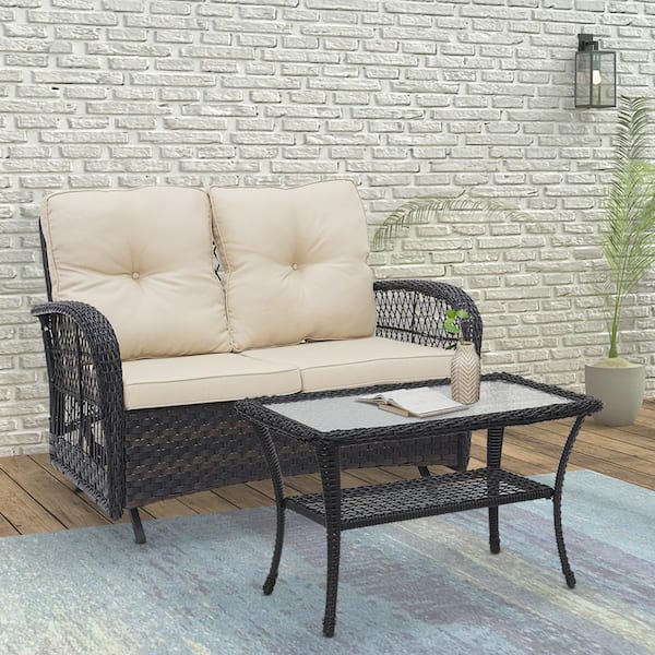 Dark Brown Wicker Glider Patio Conversatio Set with Beige Cushions (2-Piece)