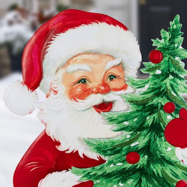 Glitzhome 36 in. H Christmas Metal Santa with Tree Yard Stake
