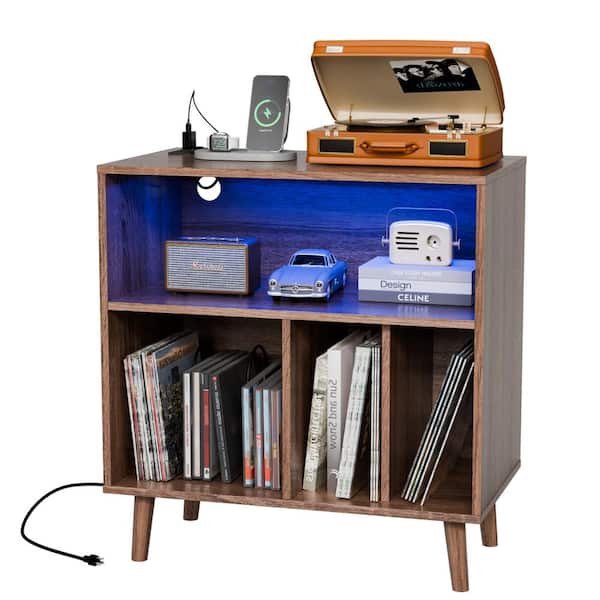 Record Player Stand Walnut 29.53 in. H Storage Cabinet with LED Lights ＆ Charging Station