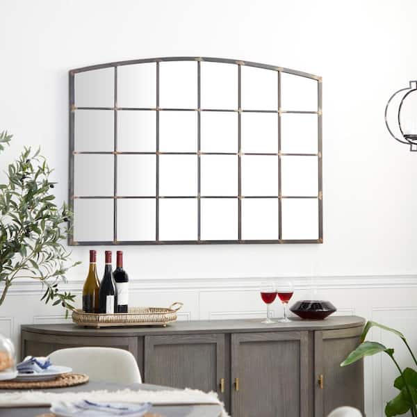 34 in. x 48 in. Window Pane Rectangle Framed Black Wall Mirror with Arched Top
