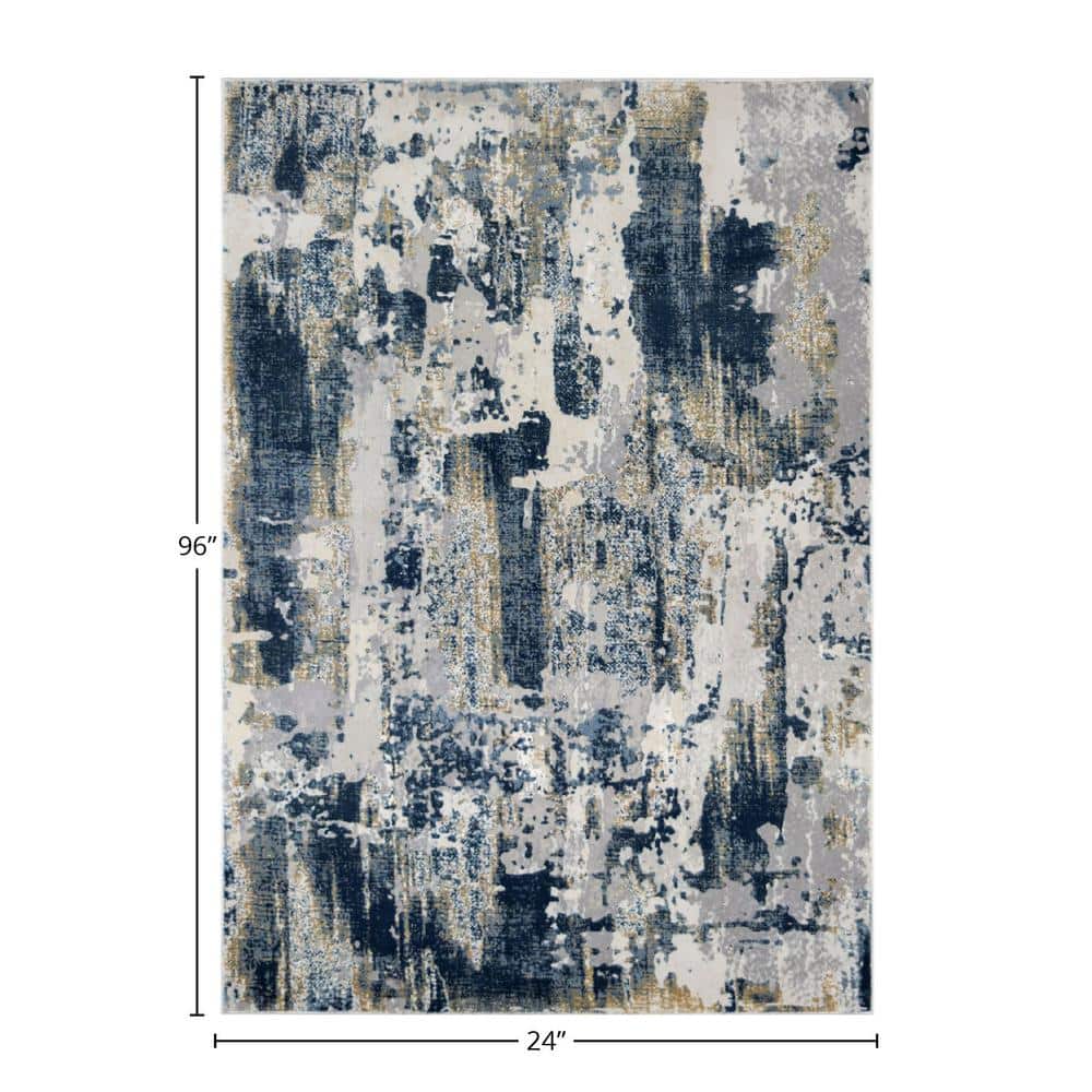 Sapphire Blue and Ivory Abstract Polyester Runner Rug